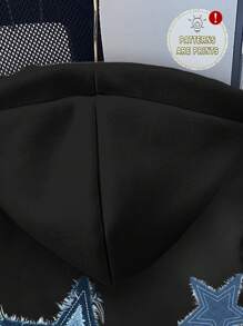 SHEIN Leap Crew 青少年女孩休闲简约个性化星星图案黑色长袖连帽加厚运动衫，适合返校、秋冬季 - 黑色 - 查看 6