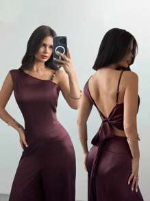 Firerie Bộ trang phục hai mảnh áo và quần hở lưng bất đối xứng thanh lịch dành cho nữ, trang phục tốt nghiệp, trang phục giáo viên, bộ trang phục trở lại trường - Cà phê nâu - Xem 5