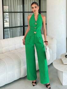 Lavishia 2 件绿色棉质不对称金属扣装饰衬衫 + 裤子套装，时尚日常通勤 - 綠色 - 查看 4