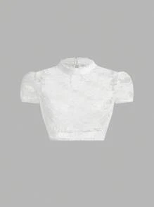 SHEIN Frenchy Women's Elegant White Floral Lace Trimmed Short Sleeve Top,Stand Collar Puff Cropped Blouse For Summer Party,Oktoberfest Dirndl Tracht Bierfest Tops - White - View 5