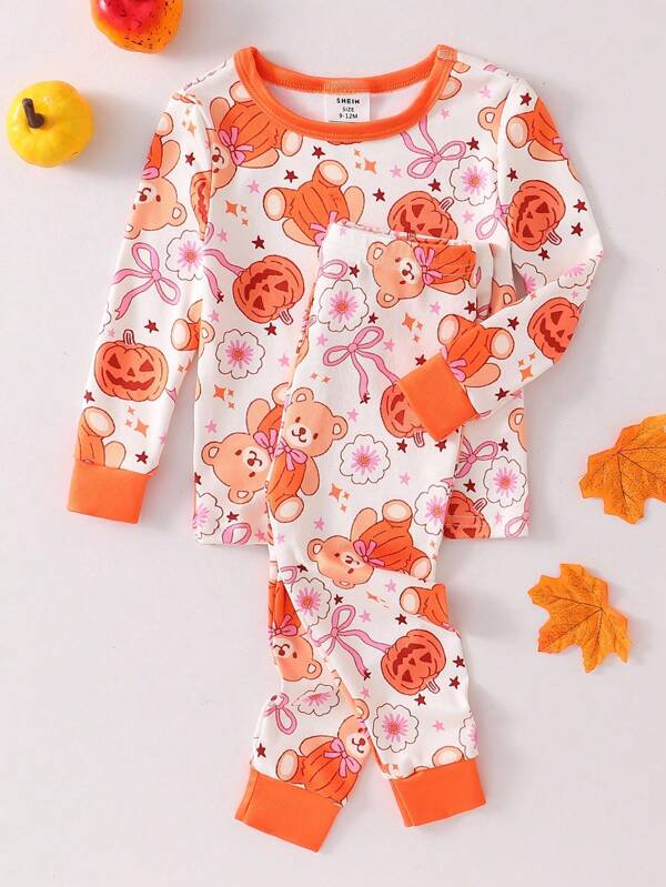 Baby Girls' Cute Orange Pumpkin, Bear & Floral Print Long Sleeve Bodysuit & Pants 2pcs Pajama Set Snug Fit Tight Fit Pajamas  Baby Halloween Pajamas Toddler Pajama Set Pumpkin Baby Girl Outfit Halloween Baby Clothes Fall Toddler Pajamas Halloween Costume 9M-3Y