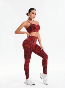 Gameset SHEIN Sport Set 2 buc. Ținută sport fără mâneci, cu imprimeu de piele de șarpe, model sport, talie înaltă, pentru ridicarea feselor