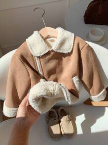 SHEIN Baby Boy Khaki Patchwork Fluffy Thickened Suit Collar Jacket, Fall Autumn/Winter