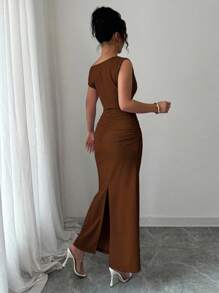 Elenzga 女士优雅浪漫不对称肩部纯色腰部修身连衣裙