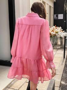 Chiquease 2-in-1 Hemd/Langarmkleid, vorne plissiert, Hemdkragen, bestickter Ärmel Manschetten Dekor, einfarbiges Bürokleid - Heißes Pink - Übersicht 2