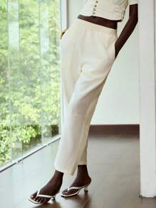 Lumivelle Pantalon ample et ample d'été pour femmes de couleur unie - Nude - Voir 3