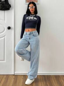 EURMUSE 低腰刺绣直筒牛仔裤 - 中等水洗藍 - 查看 2