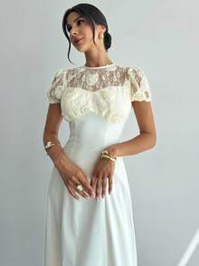 Firerie Elegant Ivory Lace Puff Sleeve Midi Dress For Women Round Neck A Line Flared Hem Woven Fabric - Champagne - View 5