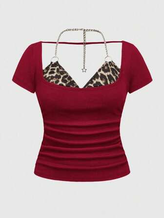 J-Fashion قميص من نساء ضيق المقطع أسفل الكتف بطبعة جلد النمر