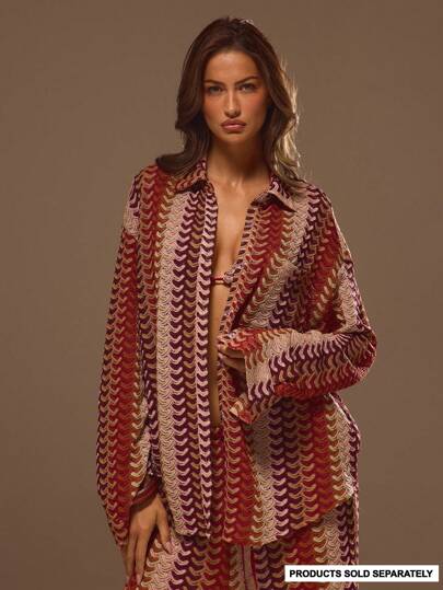 Musera Resort Textured Patterned Oversized Long Sleeve Kimono Boho Ibiza Cute Sexy Vacation Summer Beach Swimwear Cover Up Stripe Fall  Holiday