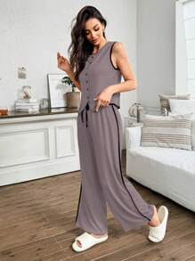 SHEIN 休闲紫色针织无袖上衣和裤子休闲套装，带结饰和圆领夏季服装 - 紫色 - 查看 1