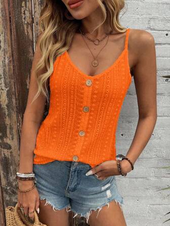 SHEIN LUNE Women's Fashion Hollow Out Jacquard Textured Bohemian Style Button Camisole