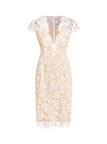 SHEIN Clasi 女款優雅V領短袖修身刺繡網紗迷你洋裝，米色，夏季，婚禮賓客，蕾絲辦公室穿搭，金白色嘉年華穿搭 - 白色 - 查看 12