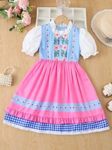 4-7 岁女童泡泡袖连衣裙，花卉印花拼接可爱休闲舒适荷叶边下摆泡泡袖连衣裙，返校学院风，适合所有季节 - 粉色 - 查看 3