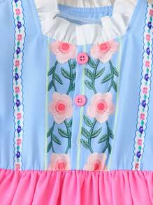 4-7 岁女童泡泡袖连衣裙，花卉印花拼接可爱休闲舒适荷叶边下摆泡泡袖连衣裙，返校学院风，适合所有季节 - 粉色 - 查看 8