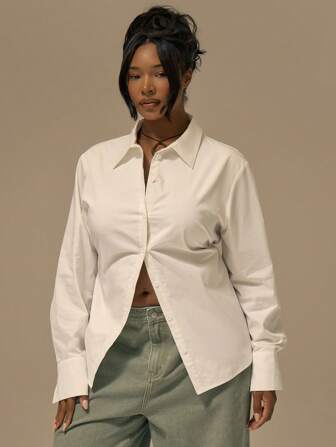 SHEIN X Phaith Montoya MUSERA Camicia a maniche lunghe aderente con laccio sulla schiena, colletto, elegante per vacanze estive, romantica, taglie comode