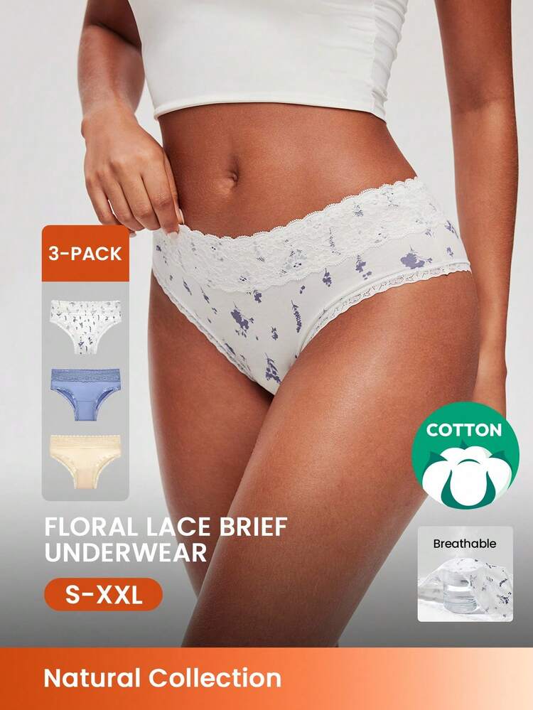 3-Pack Lace Trim Cotton Mid-Rise Cheeky Panties Set- Floral Print Lace Trim