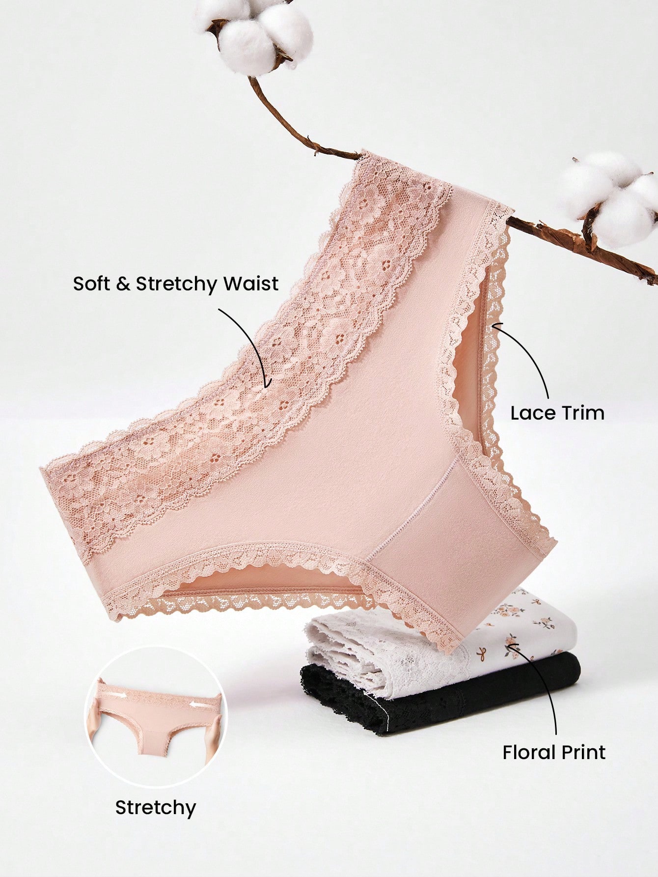 3 paquets de sous-vêtements pour femmes mi-taille basiques avec dentelle coton - Ensemble de culottes à imprimé floral avec bordure en dentelle