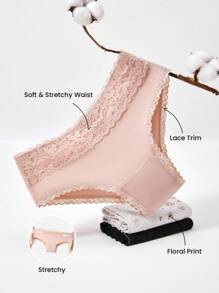 LUVLETTE 3-Pack Lace Trim Cotton Mid-Rise Basic Cheeky Women Underwear Panties Set- Floral Print Lace Trim