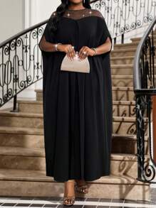 SHEIN Lady Vestido casual de unicolor con mangas de murciélago tejidas en contraste con malla, adecuado para outfits de crucero de verano para mujer, tallas grandes, apto para primavera, verano, otoño e invierno