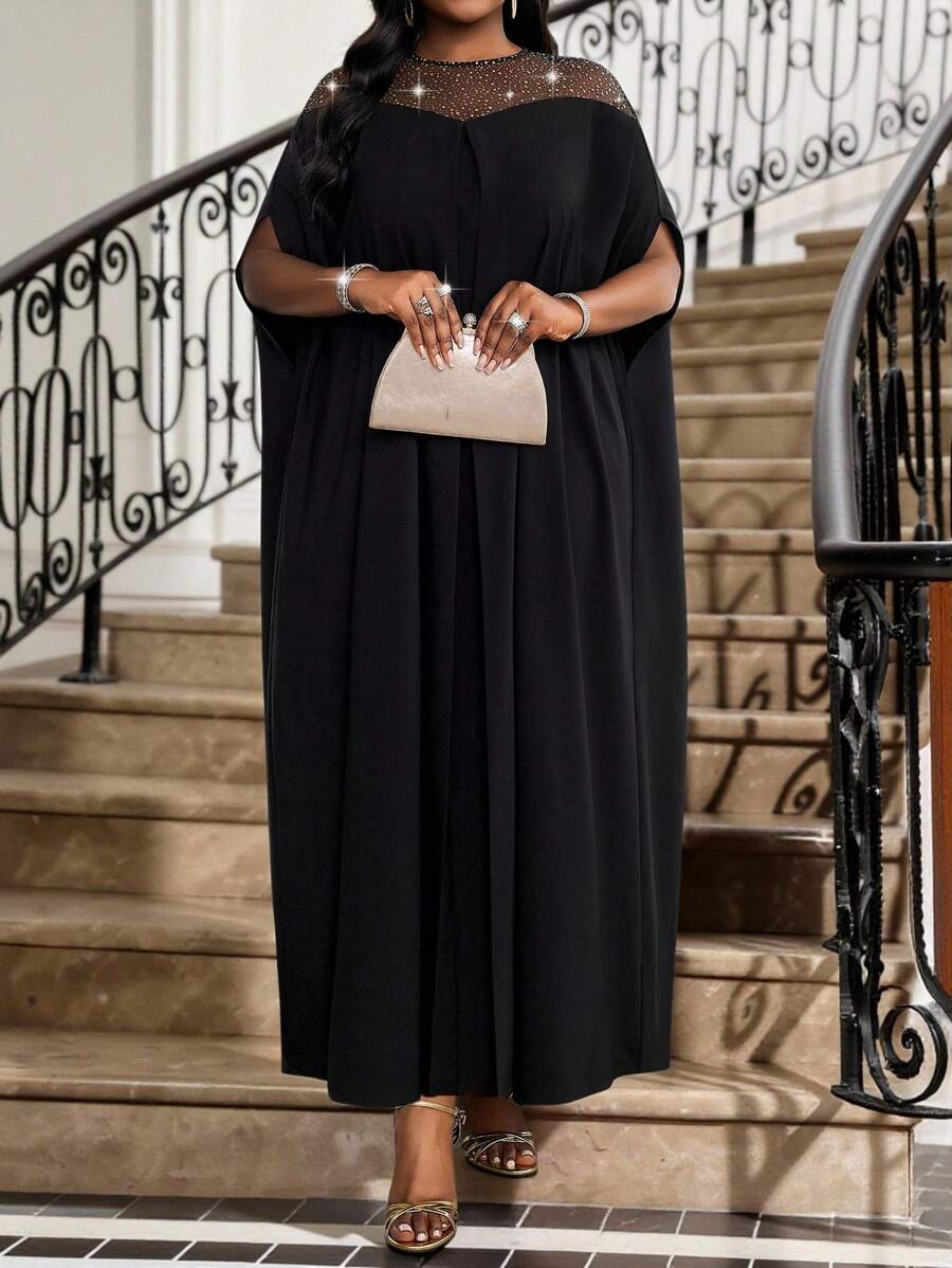 SHEIN Lady Vestido casual de unicolor con mangas de murciélago tejidas en contraste con malla, adecuado para outfits de crucero de verano para mujer, tallas grandes, apto para primavera, verano, otoño e invierno