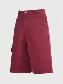 ROMWE MEN Street Life 男士休闲纯色斜口袋宽松牛仔短裤，夏季 - 酒紅色 - 查看 1