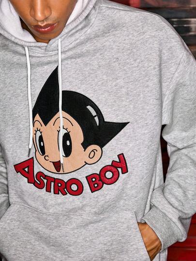 Astro Boy X ROMWE Felpa con cappuccio grigia con grafica a cartone animato, top versatile con motivo vintage a cartone animato, felpa con cappuccio da uomo, autunno