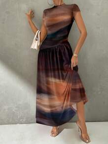 Firerie 优雅不对称腰线连衣裙，超大连衣裙，优雅扎染抽象印花图案，棕色抽象印花图案，女士长裙适合夏季，度假，派对适合外出别致连衣裙 - 彩色 - 查看 5
