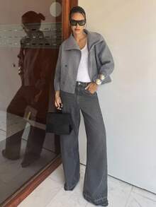 Siren Gaze 女纯色落肩长袖双排扣休闲大衣女双扣休闲羊毛混纺外套秋冬高腰宽袖外套