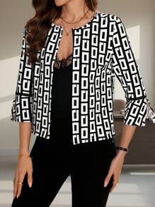 SHEIN Clasi Veste pour femme à manches ouvertes imprimée géométrique noir et blanc