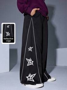 JNSQ 青少年男孩服装，秋季弹性腰部趣味星星印花超大休闲运动卫衣和直筒裤，适合秋冬日常穿着、户外活动、度假、街头服饰、派对和休闲 - 黑色 - 查看 1