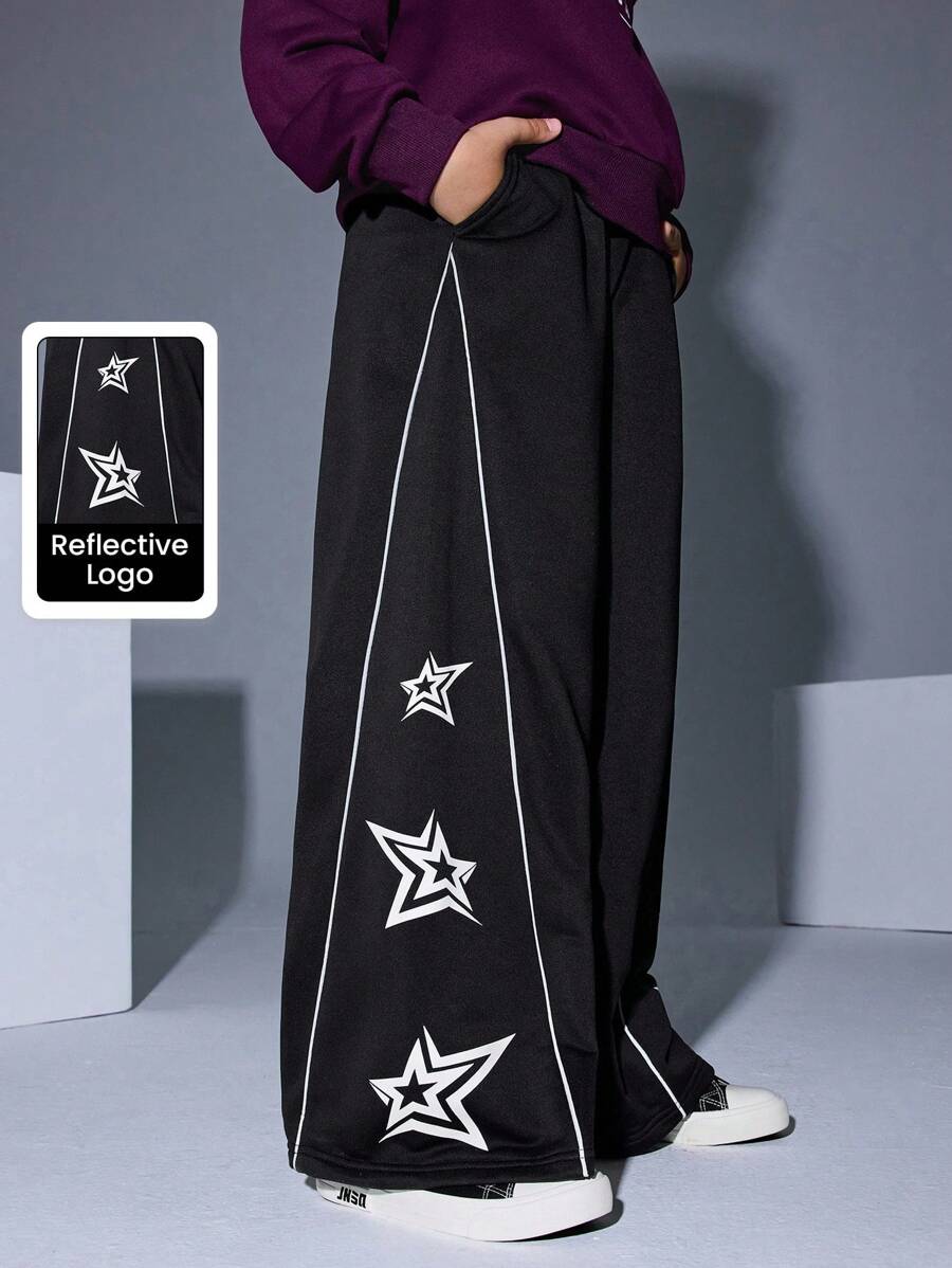 JNSQ 青少年男孩服装，秋季弹性腰部趣味星星印花超大休闲运动卫衣和直筒裤，适合秋冬日常穿着、户外活动、度假、街头服饰、派对和休闲 - 黑色 - 查看 1