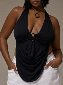 MUSERA Plus Size Extreme Plunge Halter Neck Ring Detail Top Holiday Cute Holiday Romantic Cute Sexy Club Curve Spring Summer - Black - View 2