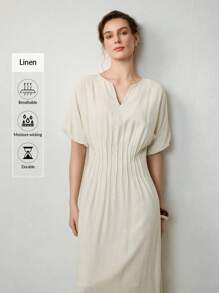 Uhlyne 夏季新款时尚亚麻条纹连衣裙，双侧口袋，后拉链开合，无袖，休闲优雅女士长裙 - 杏色 - 查看 8