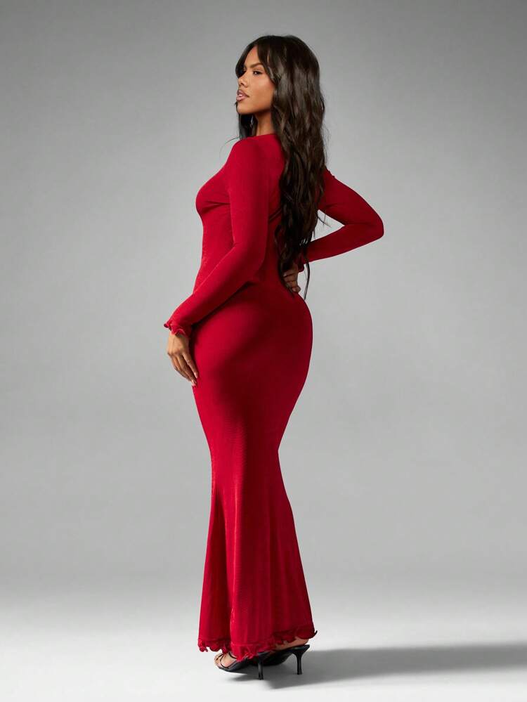 MISSGUIDED Elegant Long Sleeve Maxi Dress With Ruffle Cuffs And Hem Winter Fall Wedding Guest Special Occasion Holiday Party Evening Gown Christmas