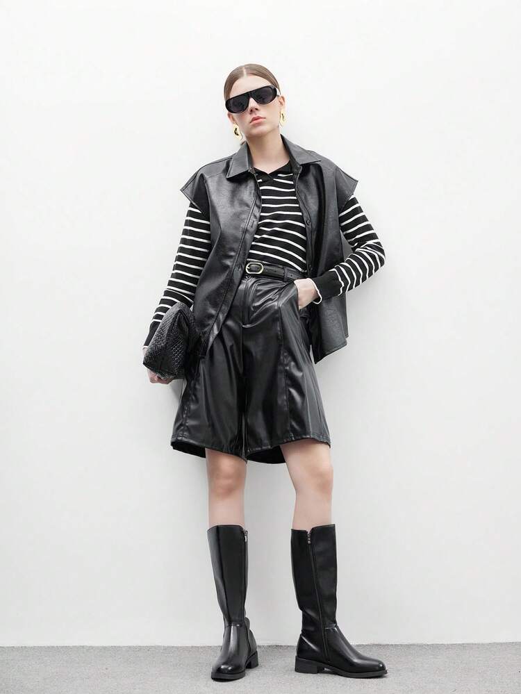 CUCCOO BIZCHIC Botas de caña alta de punta redonda con parches y cremallera lateral para mujer, color negro, botas casuales y versátiles de uso diario, de suela plana y hasta la rodilla