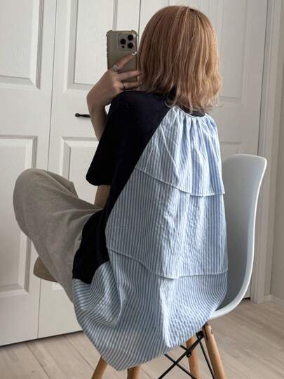 FRIFUL 女士圆领条纹拼布宽松休闲百搭T恤