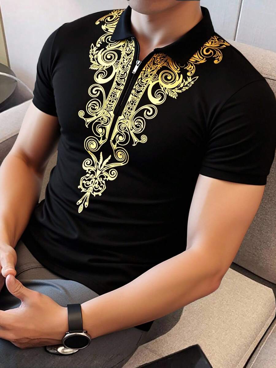 Manfinity Homme Men's Floral Print Short Sleeve Casual Polo Shirt, Summer Gold Print T Shirt Men Luxury T Shirt Men Black And Gold T Shirt Men Designer T Shirts For Men