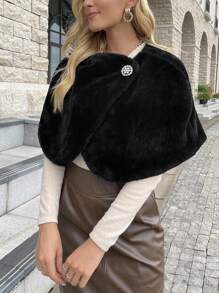 SHEIN Privé Single Button Crop Velvet Cape Fuzzy Coat