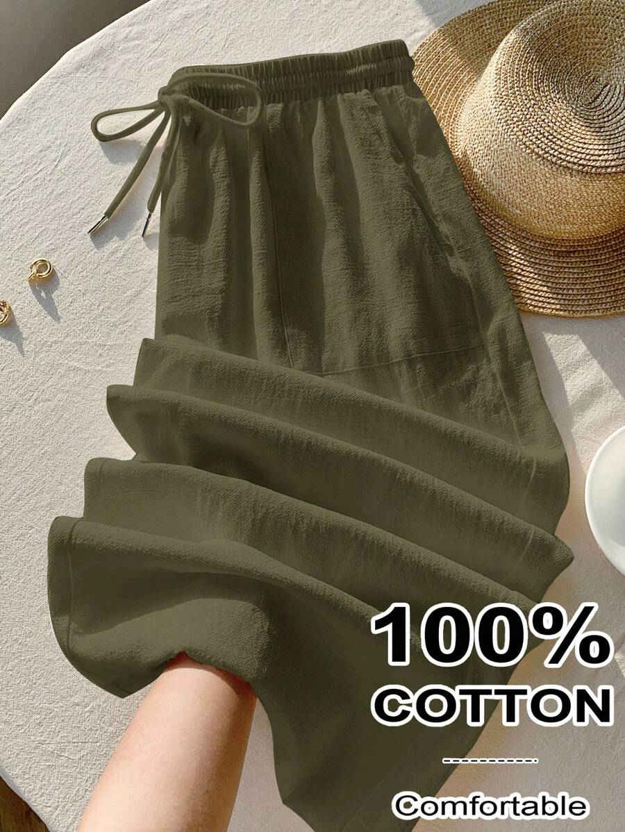 Comfortcana Olive Green Casual Loose Wide Leg Drawstring Pants For Plus Size Women,Fall Clothes For Women - Army Green - View 1