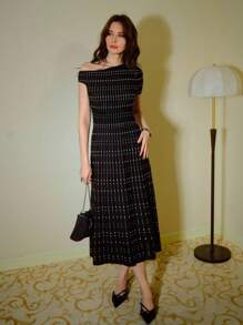 MOTF PREMIUM STRIPED ASYMMETRICAL SHOULDER SWEATER DRESS - Black - View 6