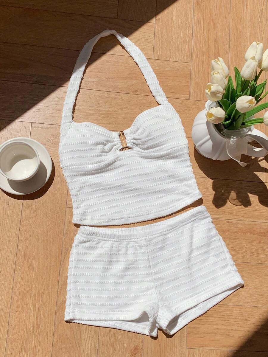 Comfortcana 女式纯色褶皱露背上衣和超短裤套装 - 白色 - 查看 1