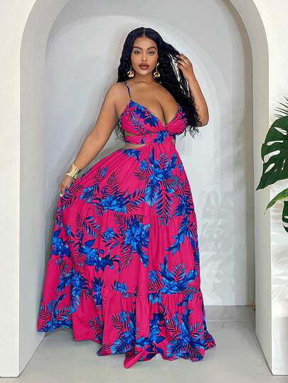 Slaydiva Vestido largo con estampado floral, tirantes anudados y espalda descubierta, con falda sobredimensionada, para vacaciones de verano