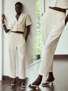 Lumivelle Pantalon ample et ample d'été pour femmes de couleur unie - Nude - Voir 1