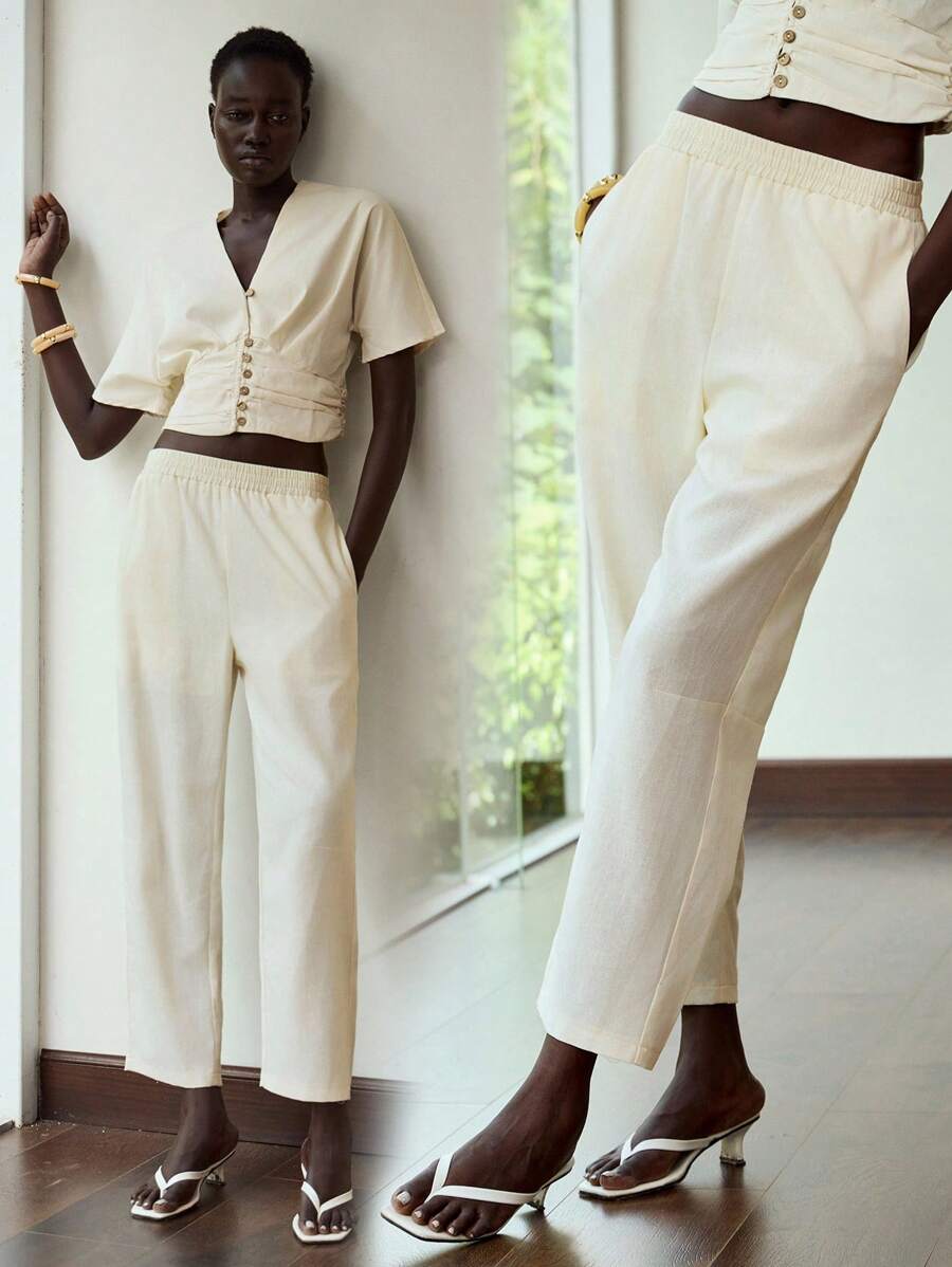 Lumivelle Pantalon ample et ample d'été pour femmes de couleur unie - Nude - Voir 1