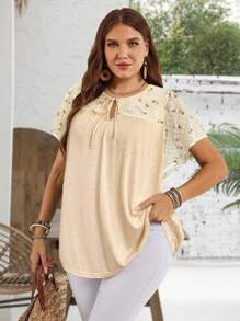 EMERY ROSE Plus Size Women Floral Print Tie Neck Ruffle Sleeve Dressy Blouse