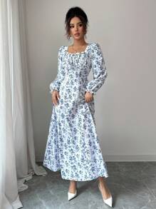 SHEIN Raffinéa Elegantes langes Kleid mit Muster für Damen - Blau-Weiß - Übersicht 5