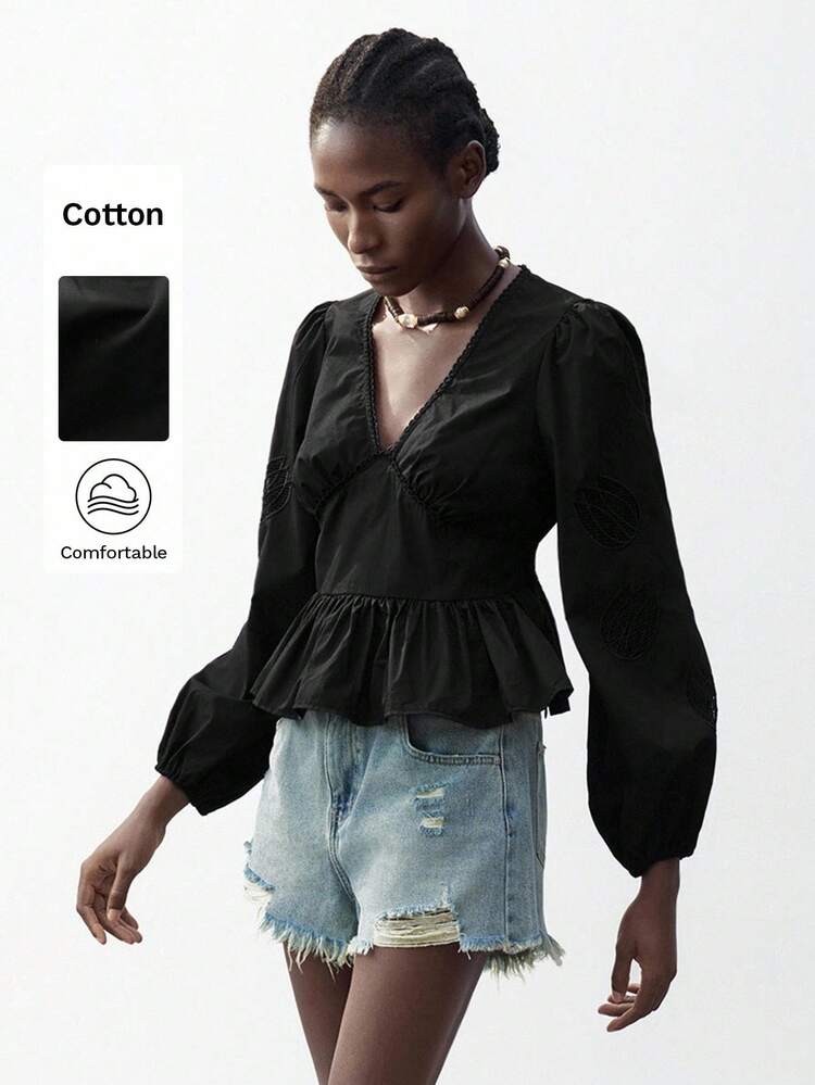 SHEIN Maija Women's Black Summer Blouse With V-Neck, Ruffled Decorative Waist, Hollow Patchwork Puff Sleeves, Stretch Cuff, Sexy & Chic, Suitable For Beach, Vacation, Commute, Office Or Casual Wear