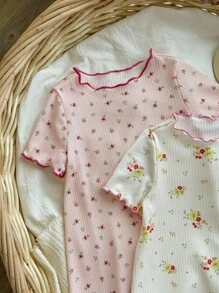 Baby Girl Ditsy Floral Ruffle Hem Round Neck Loose Knitted Nightgown 2 Pieces Set Print - Multicolor - View 3
