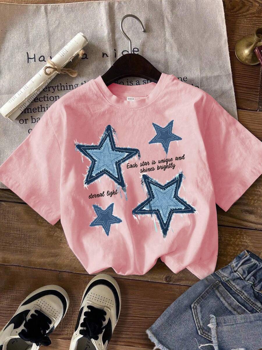 SHEIN Leap Crew ModeFlare Wear Tween Girl Casual Simple Pentagram Pattern Short Sleeves T-Shirt, Suitable For Summer - Pink - View 1